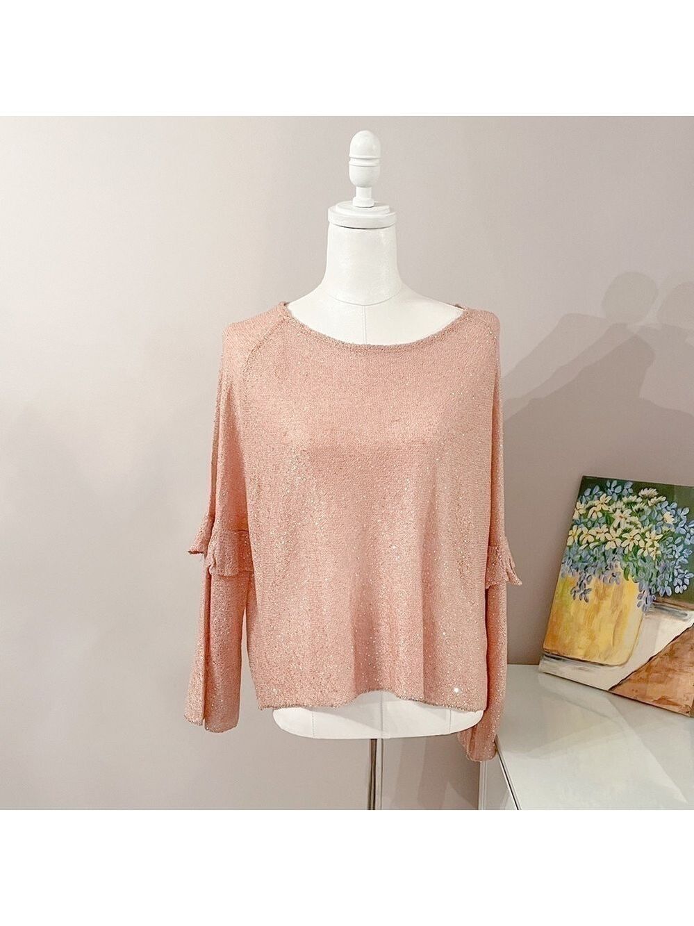 ZARA Knitwear Collection Pink Sparkle Bell Sleeve Blouse – NWT